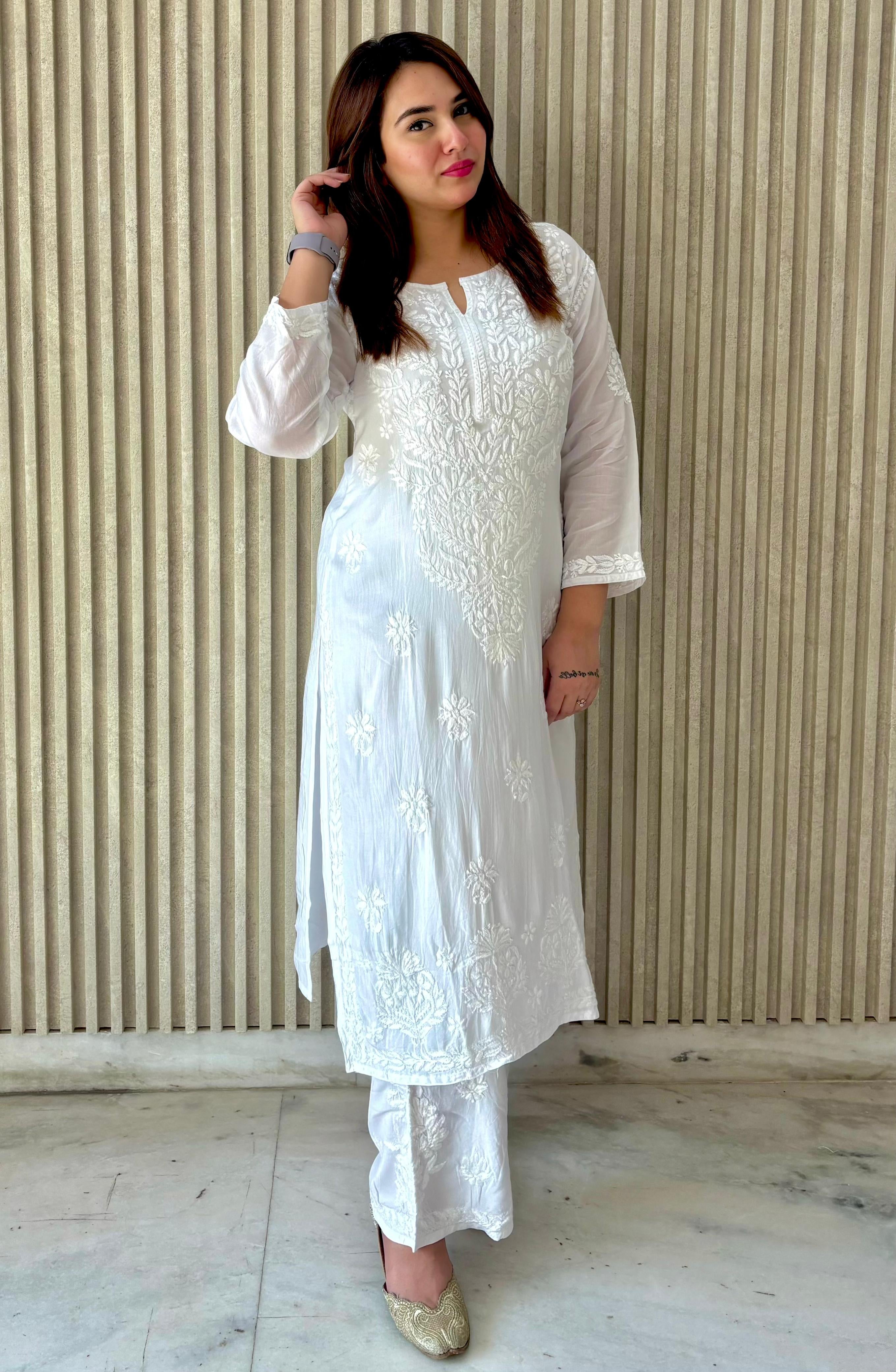 White Modal Cotton Kurta With plazzo
