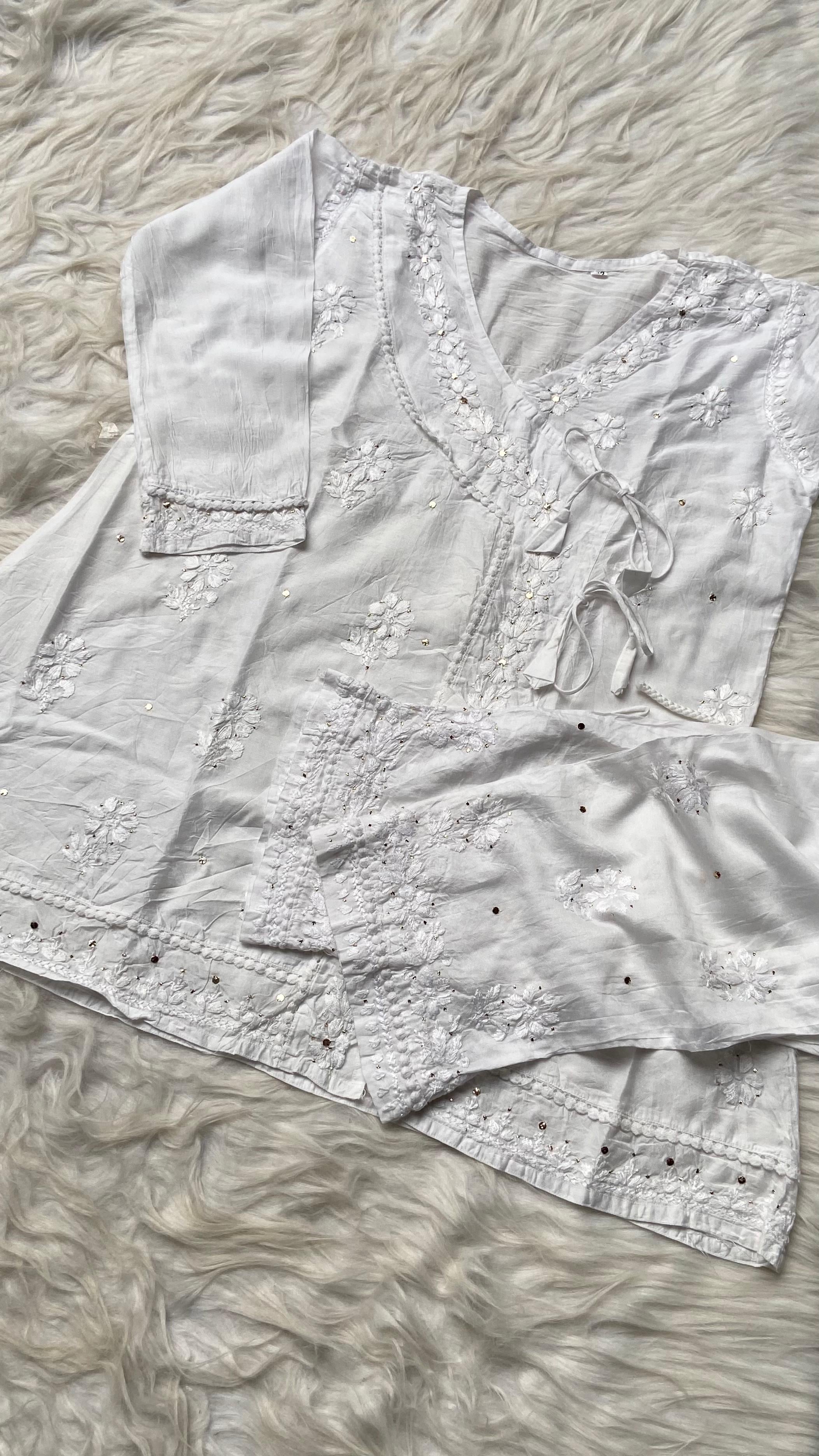 Muqaish Short Angrakha with lace pocket pant