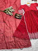 Red Aliya Cut Gown with Plazzo & Dupatta