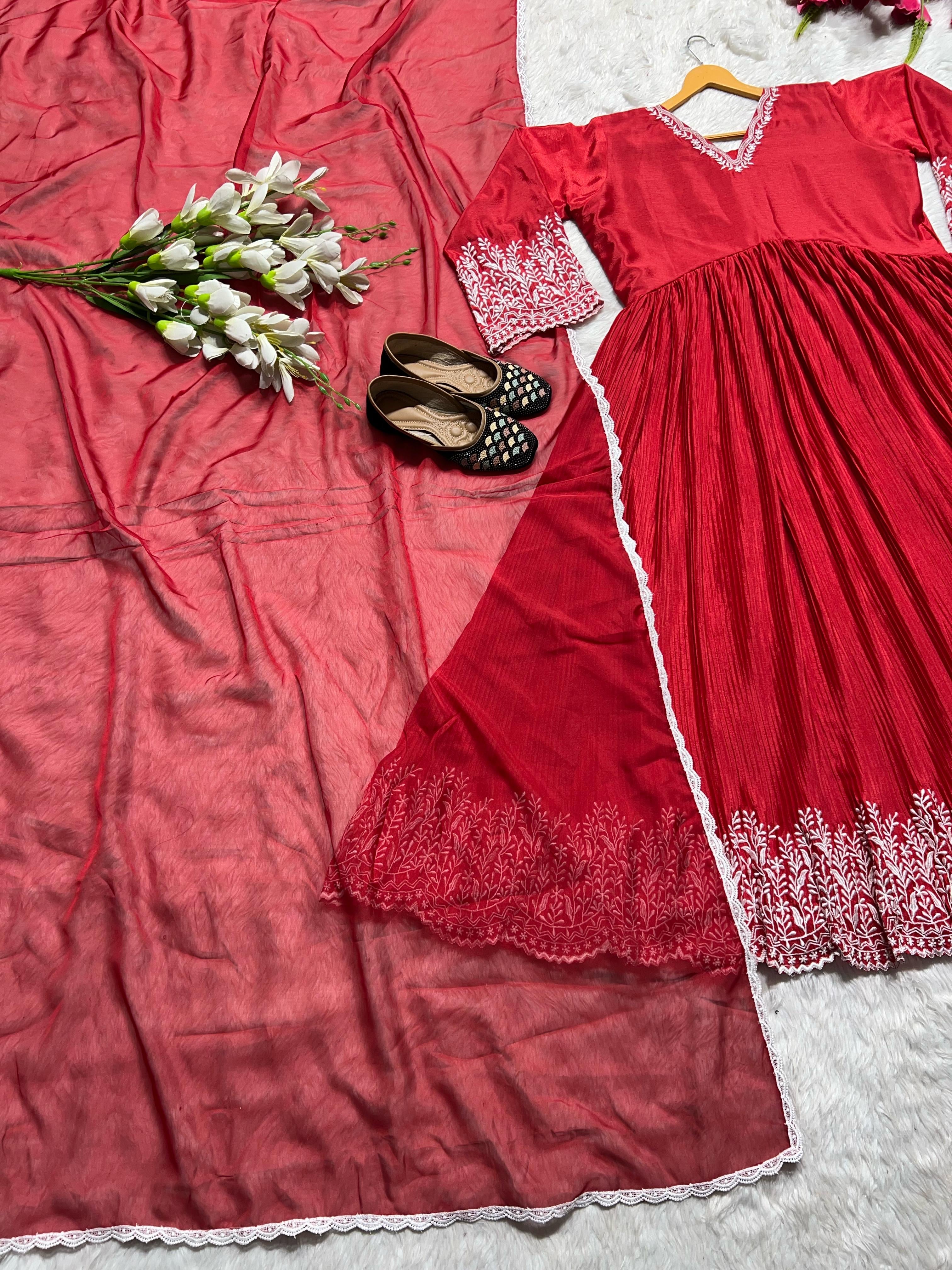 Red Aliya Cut Gown with Plazzo & Dupatta