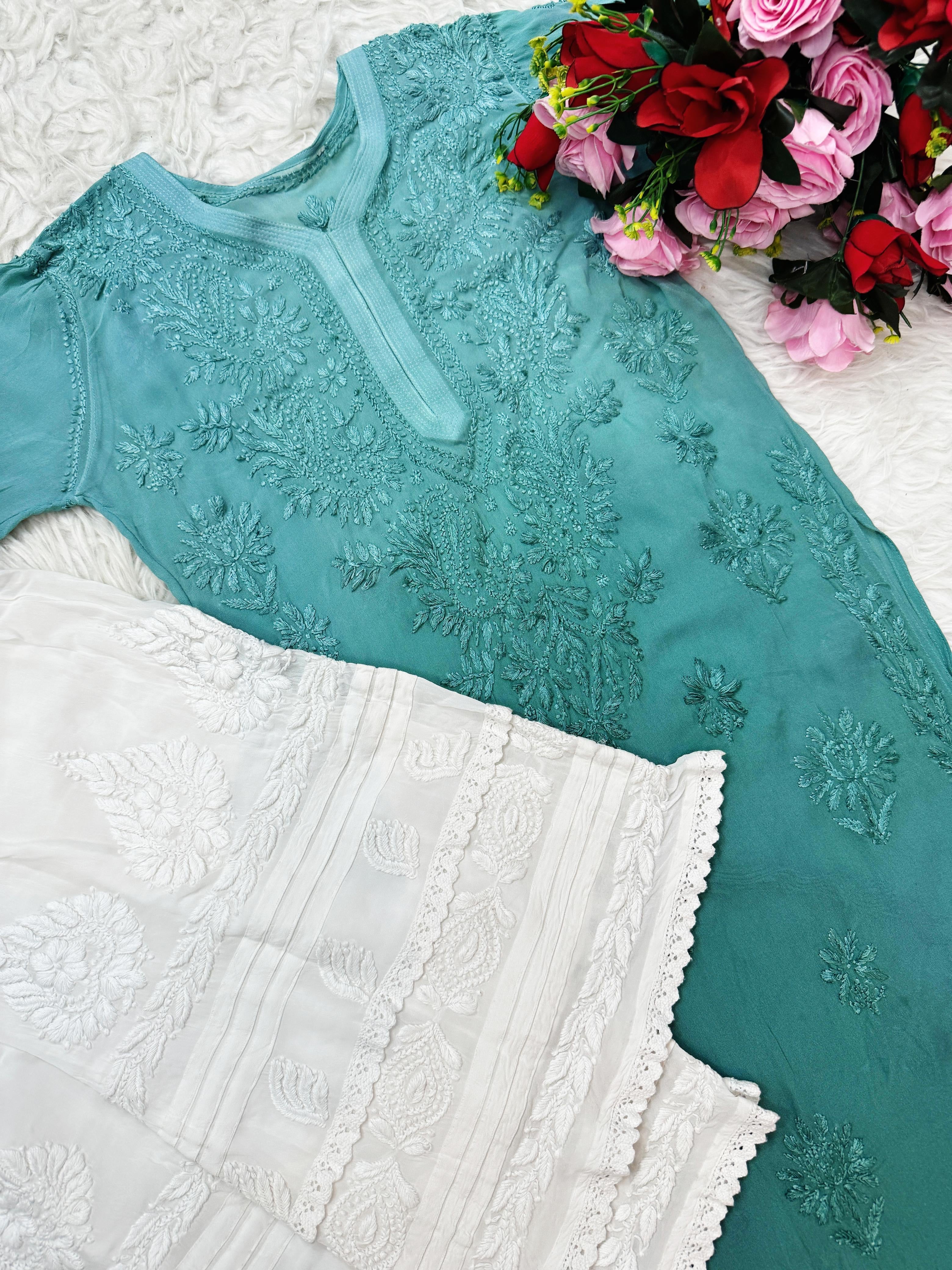 3d Lucknowi Ghaspatti Pure handwork Viscose Kurta with inner