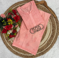Lucknowi Chikankari Chanderi Rose Design Kurti & Plazo Set