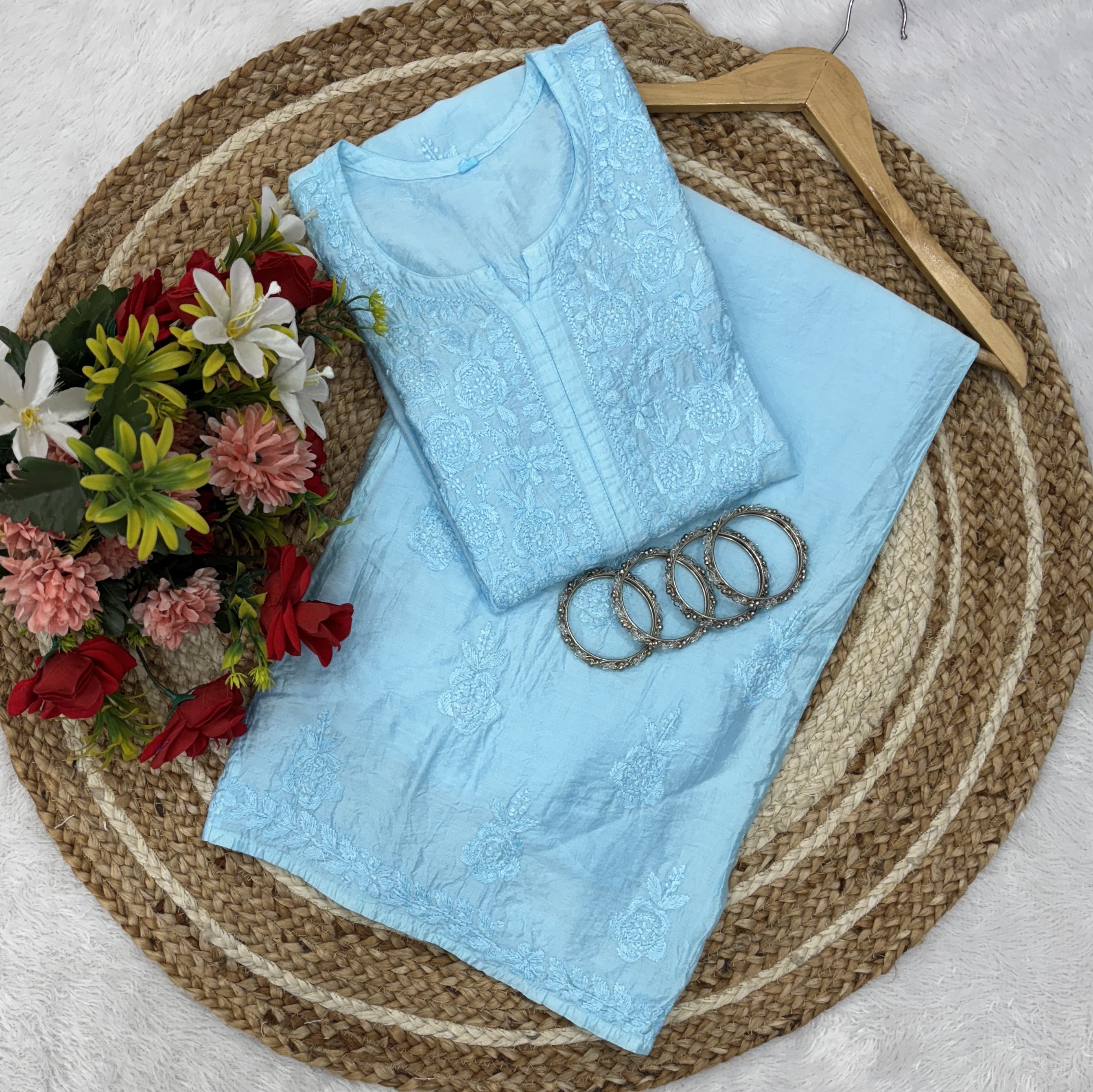 Lucknowi Chikankari Chanderi Rose Design Kurti & Plazo Set