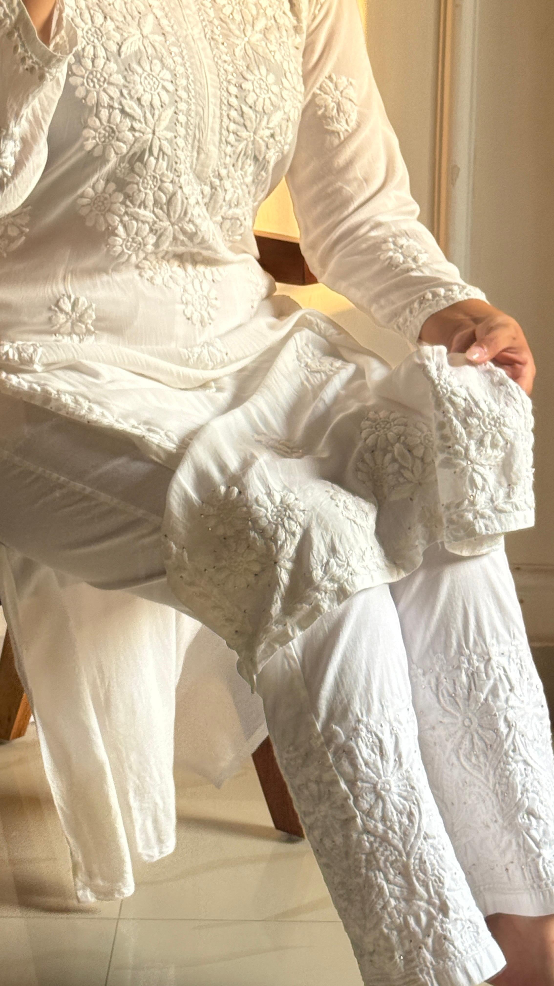 Heavy Work Modal Muqaish 3pc White Set