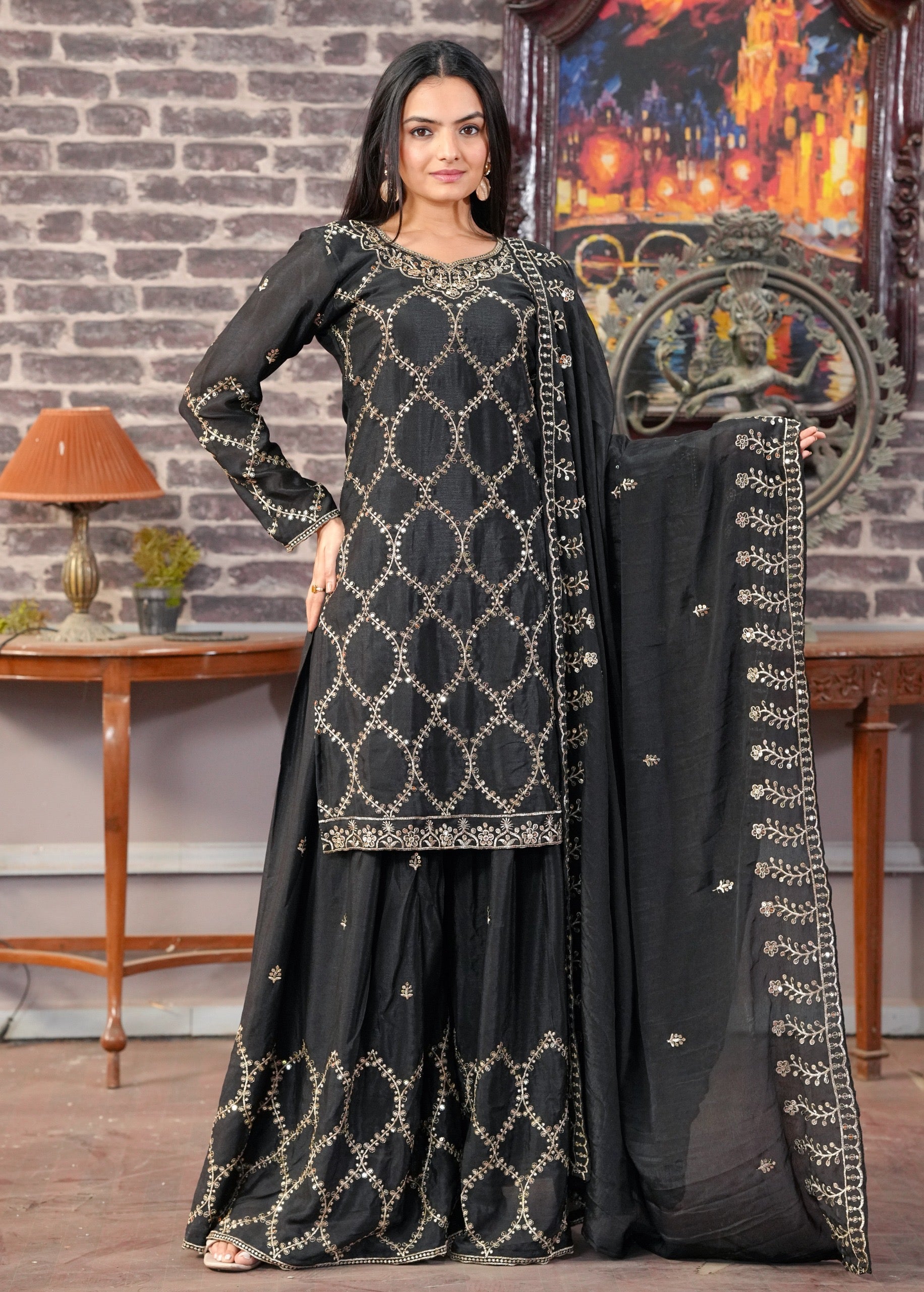Designer Embroidered Chinon Sharara Suit with Beautiful Work