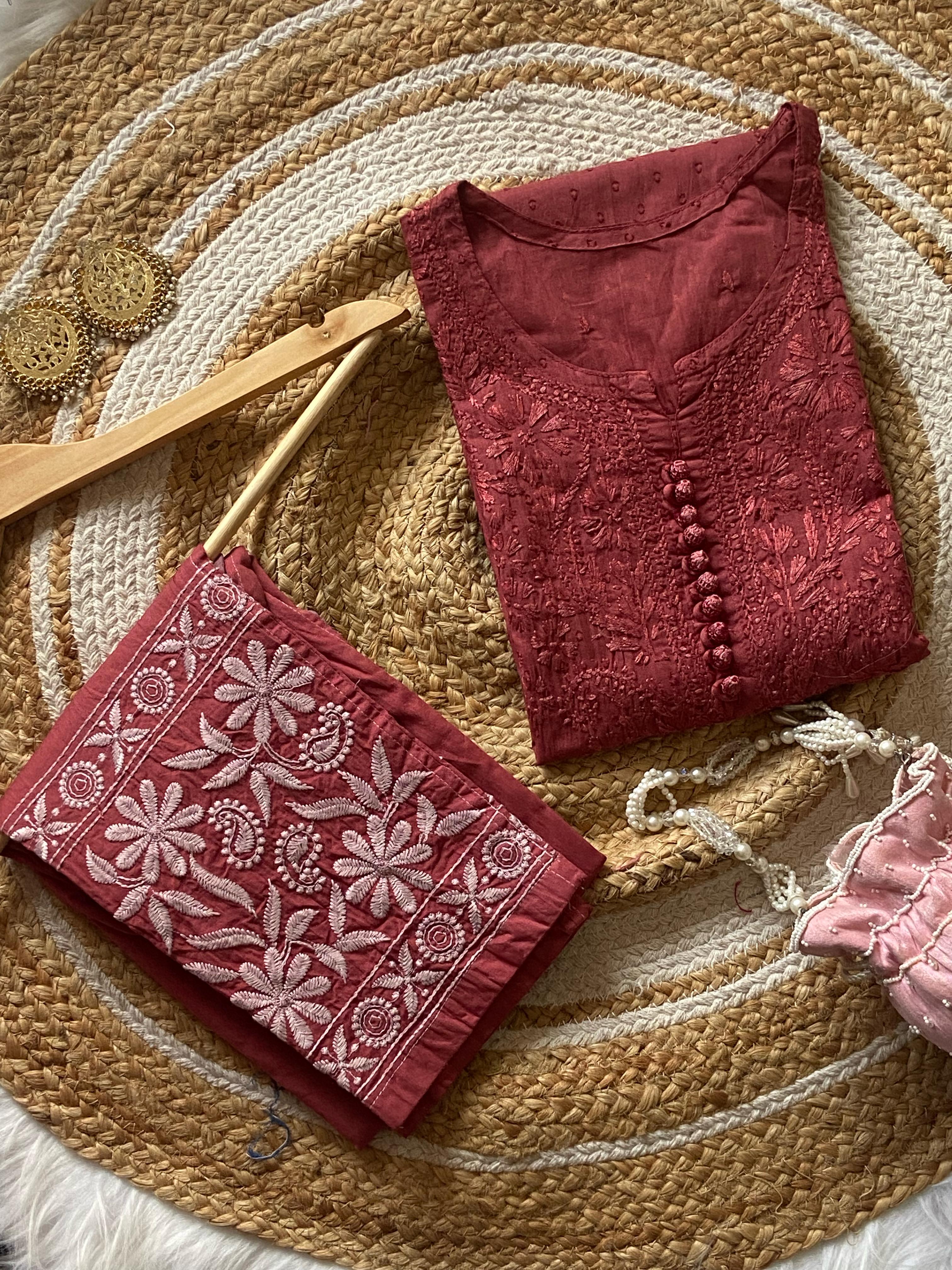 Noor Dobby Cotton Dyed Kurti With White embroidered Pant