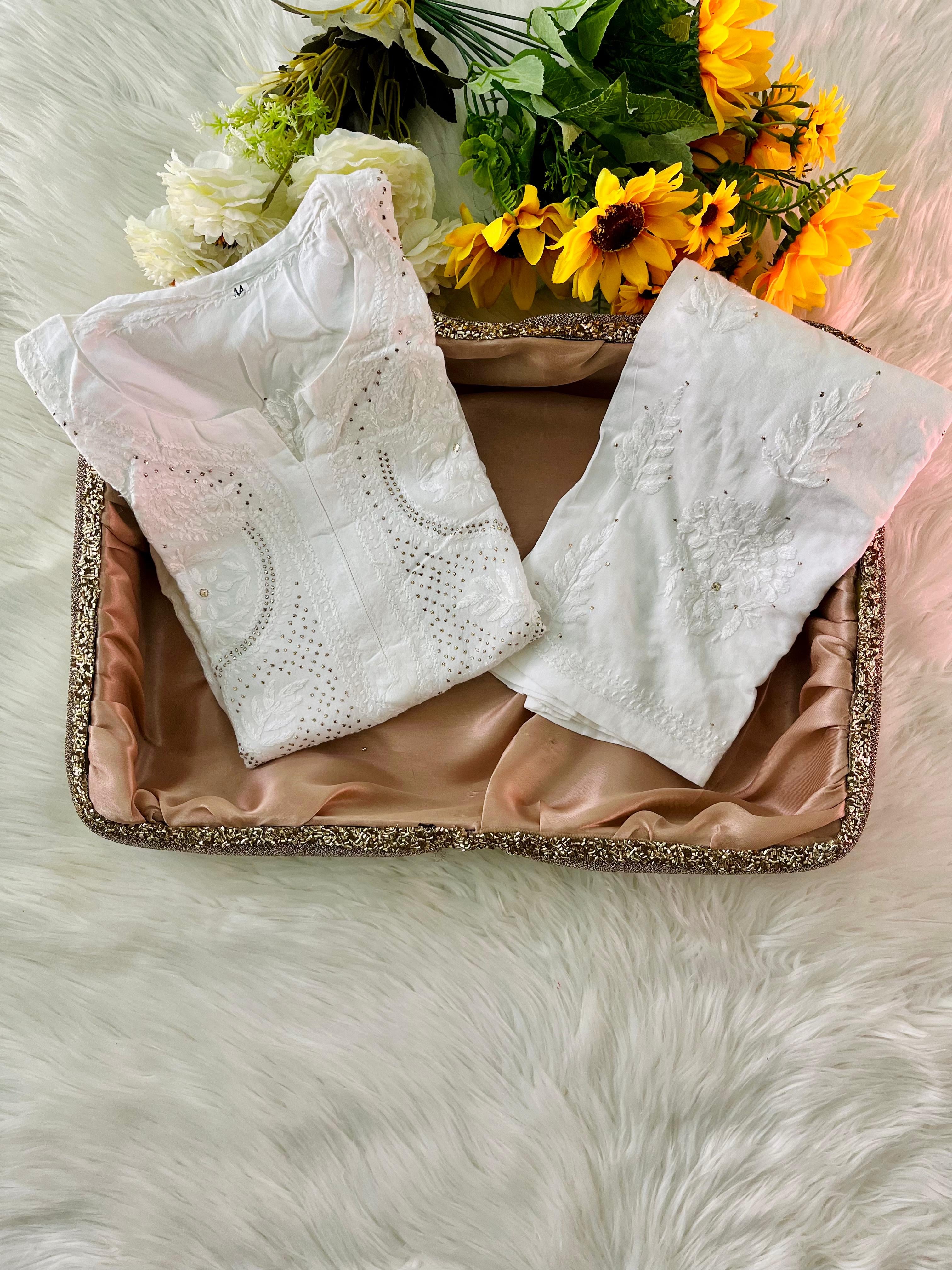 Iddat Muqaish Work Fine Handwork Lucknowi Kurta Plazo 2pcSet