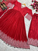 Red Aliya Cut Gown with Plazzo & Dupatta