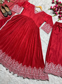 Red Aliya Cut Gown with Plazzo & Dupatta