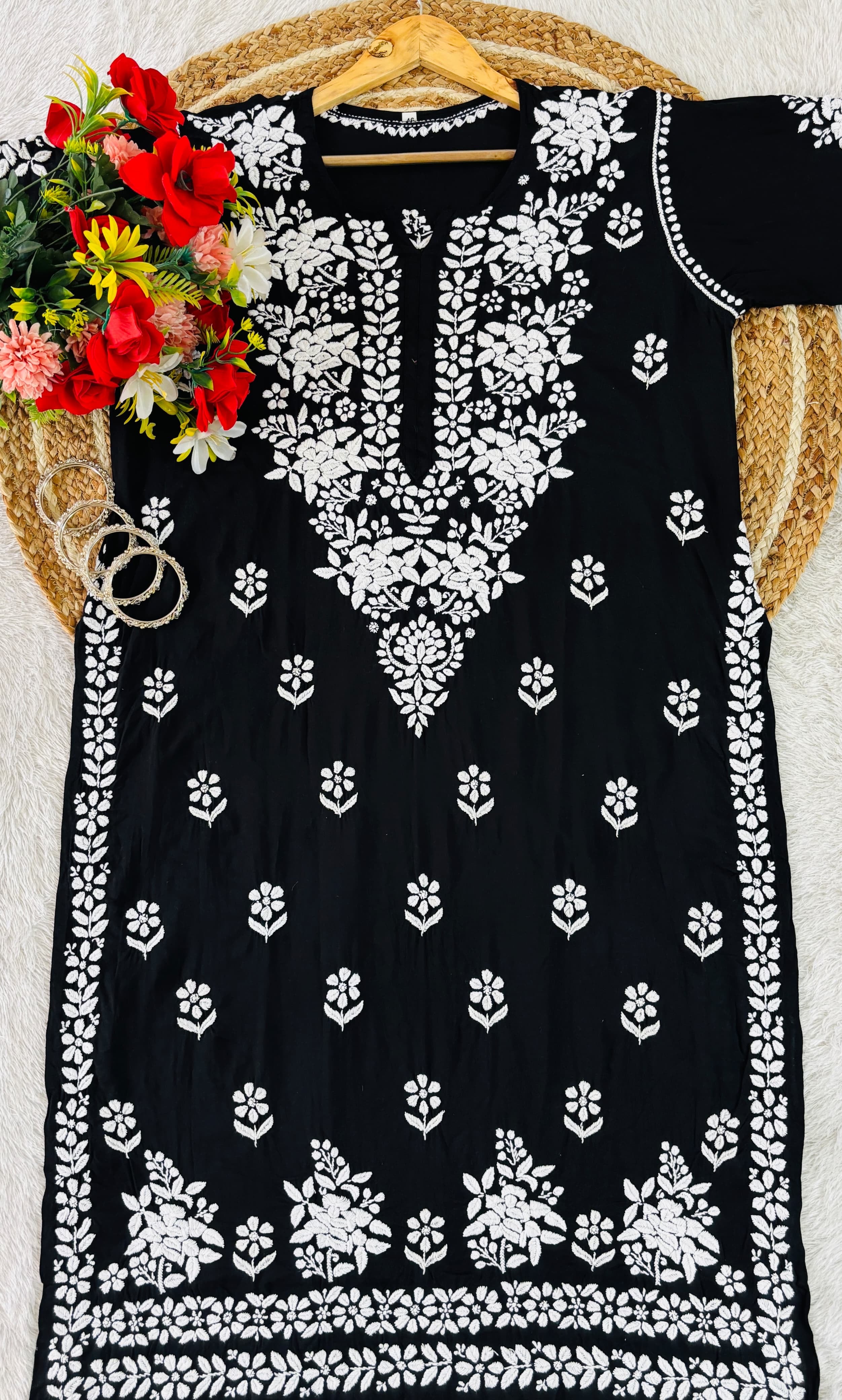 Lucknowi Chikankari Polister Thread Beautiful Ghas Patti Hand Modal Kurti