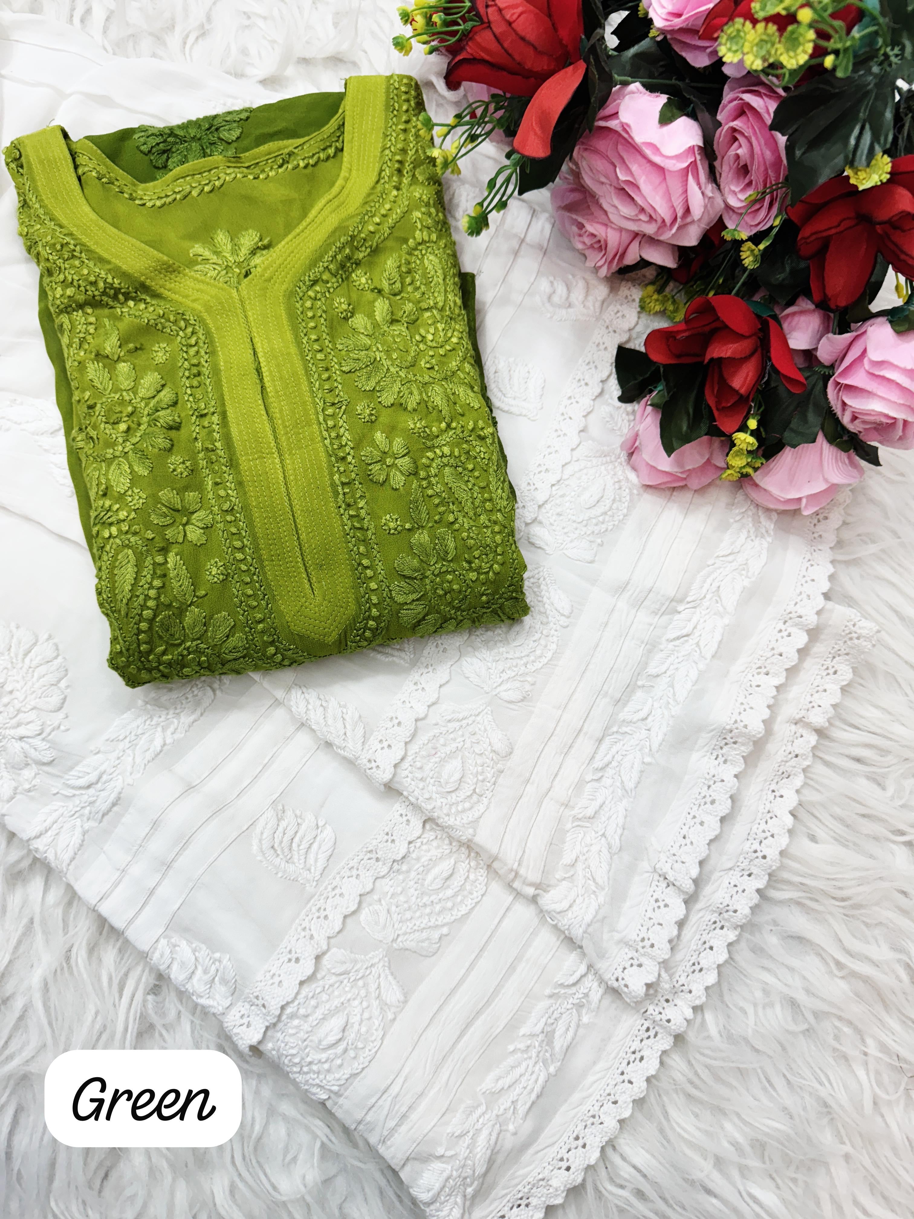 3d Lucknowi Ghaspatti Pure handwork Viscose Kurta with inner