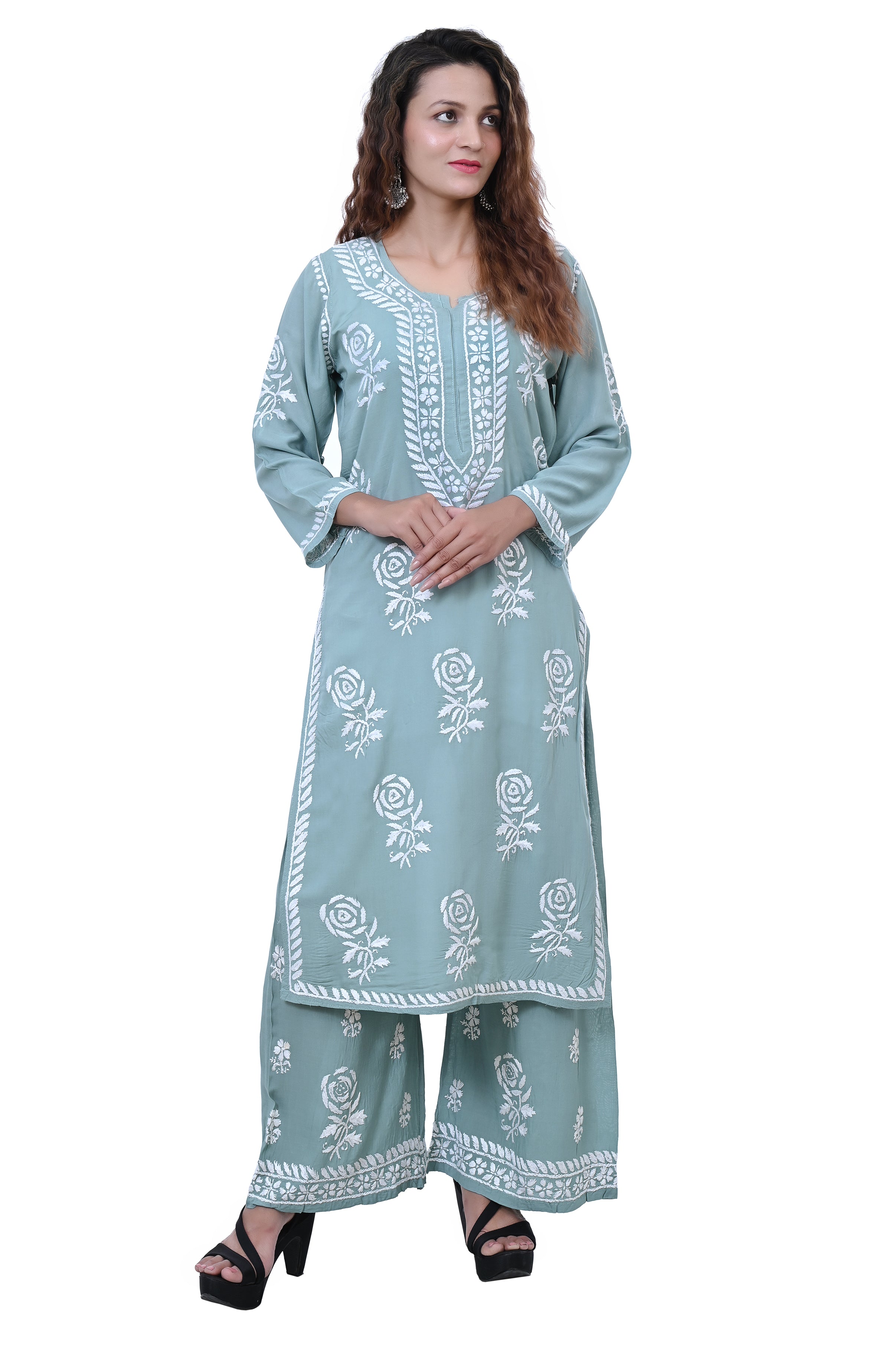 Modal Cotton Hand white thread embroidered Co-ord