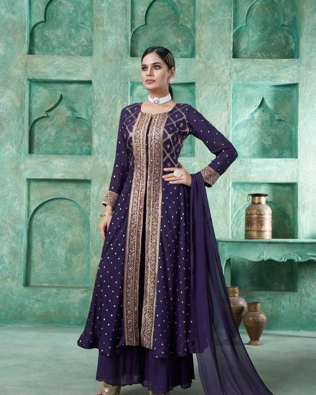 5mm Sequence Work Open Gown plazzo Dupatta