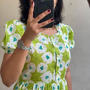 Green Flower ikkat print Cotton Full Flair Middy Gown