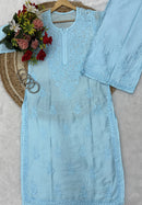 Lucknowi Chikankari Chanderi Rose Design Kurti & Plazo Set