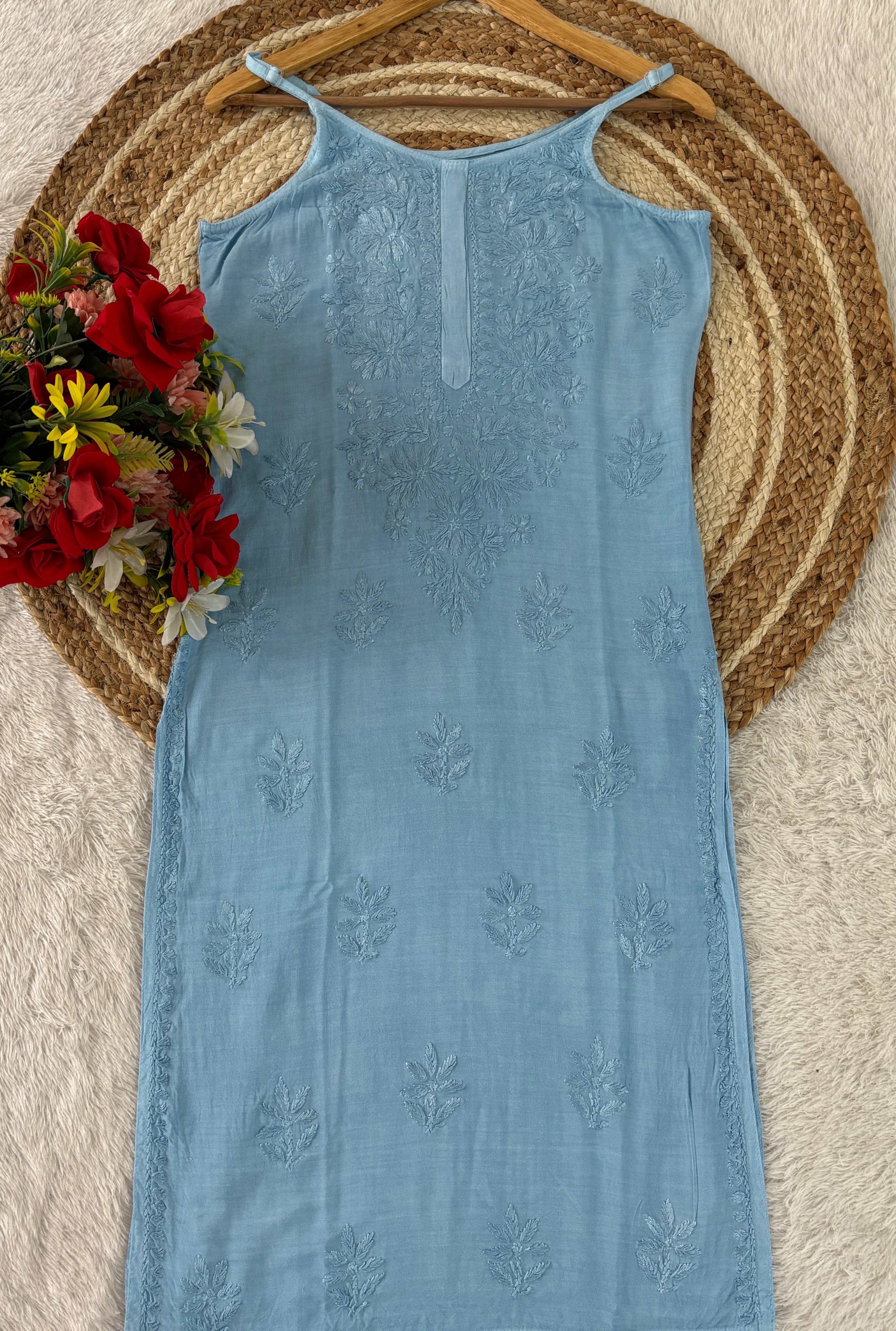 Ghass patti Hand Work sleevless Rayon long top