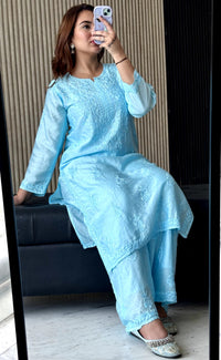 Lucknowi Chikankari Chanderi Rose Design Kurti & Plazo Set