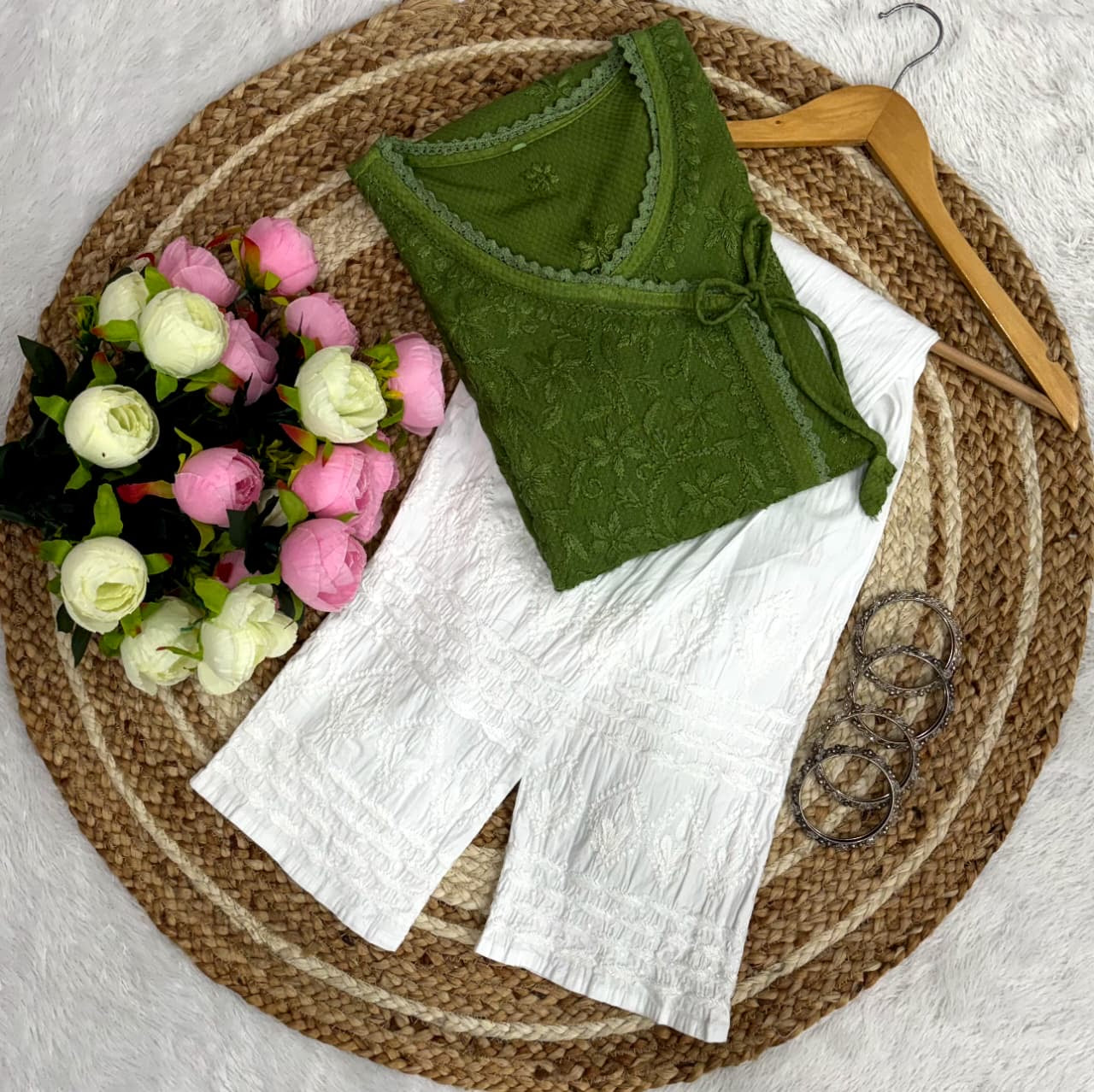 Ghas patti Hand rayon work dot Dori Angrakha