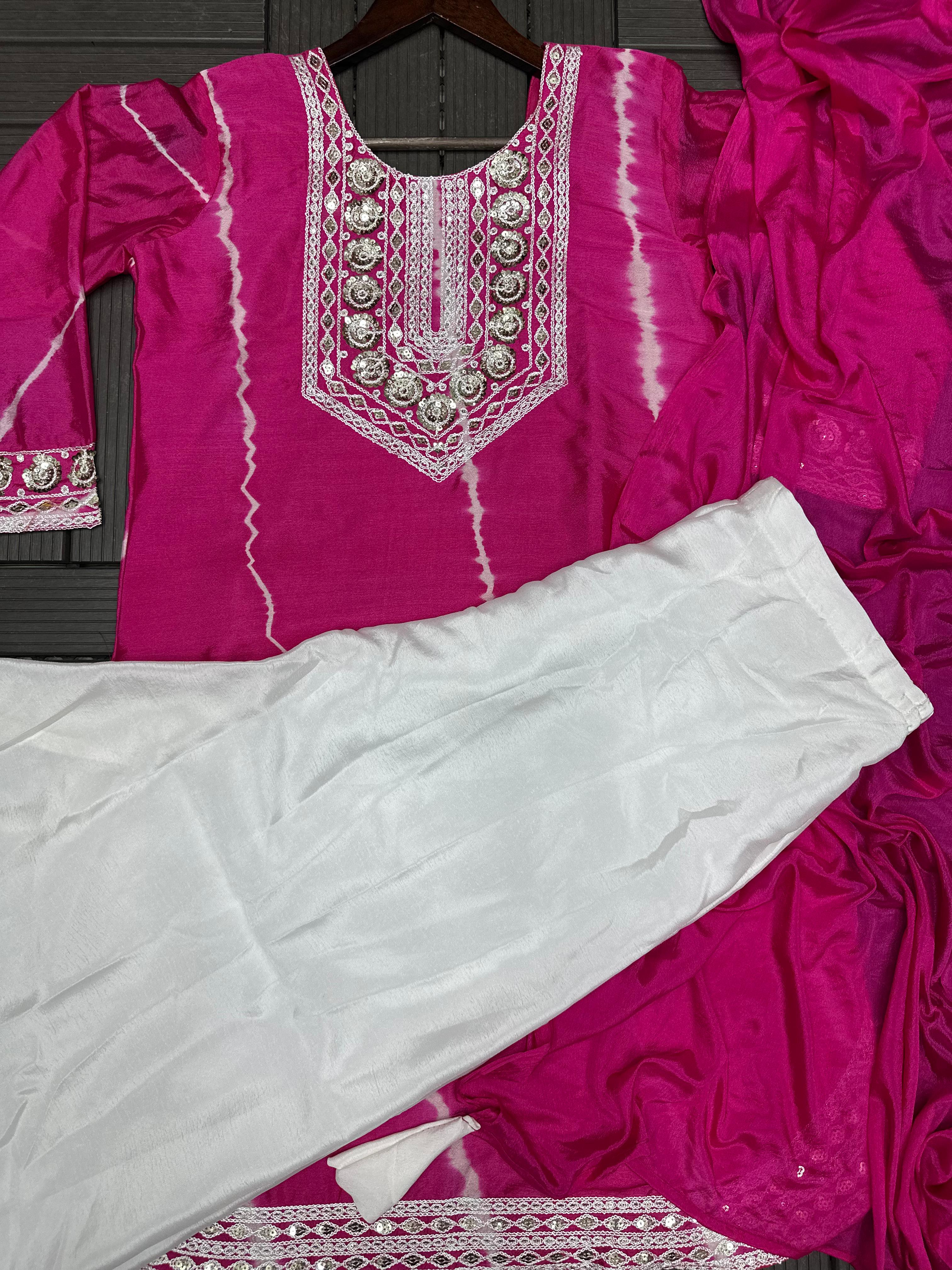 Elegant Mirror Work Tie-Dye Kurta Set with Palazzo & Dupatta – Festive & Ethnic Wear