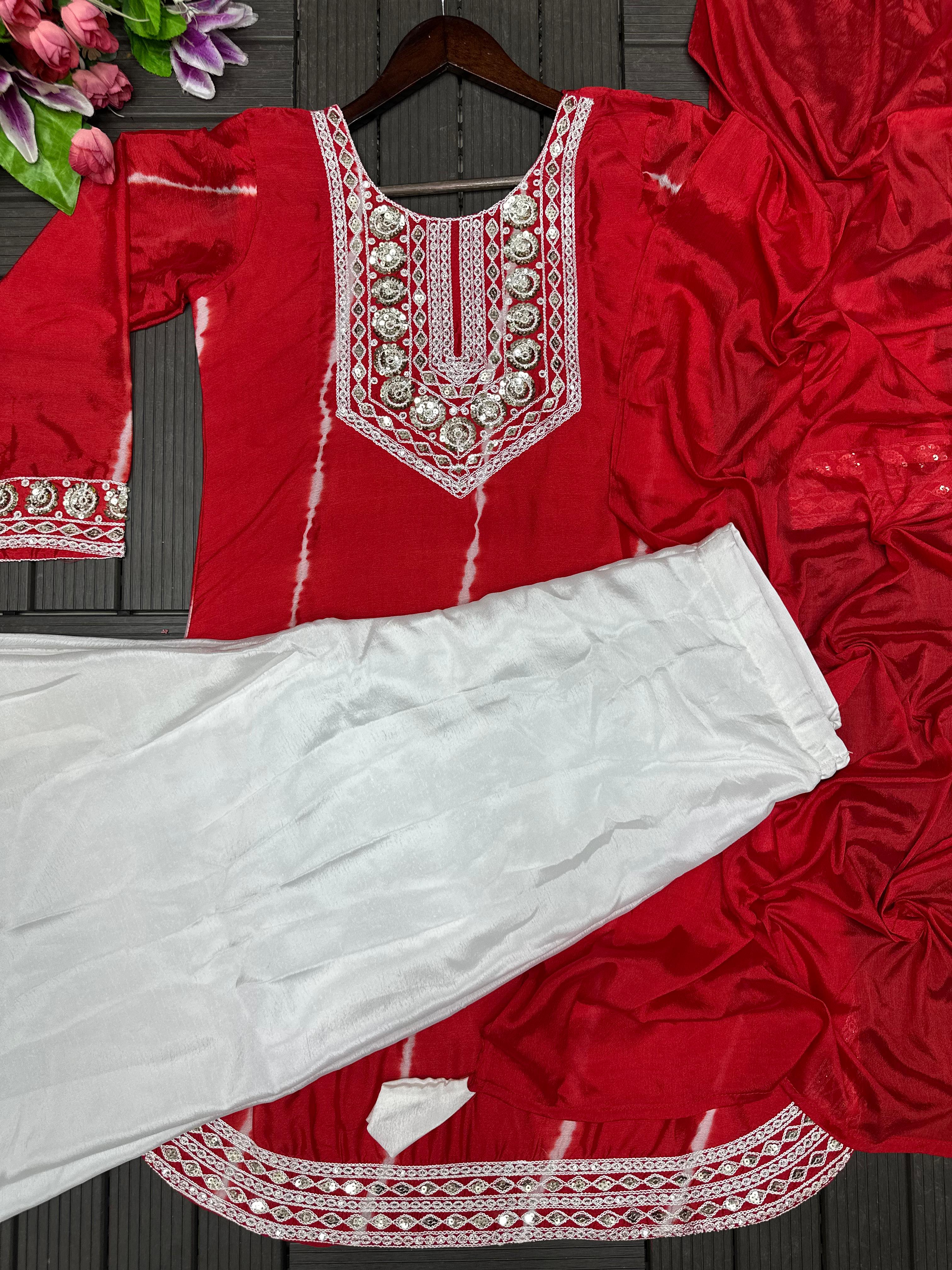 Elegant Mirror Work Tie-Dye Kurta Set with Palazzo & Dupatta – Festive & Ethnic Wear