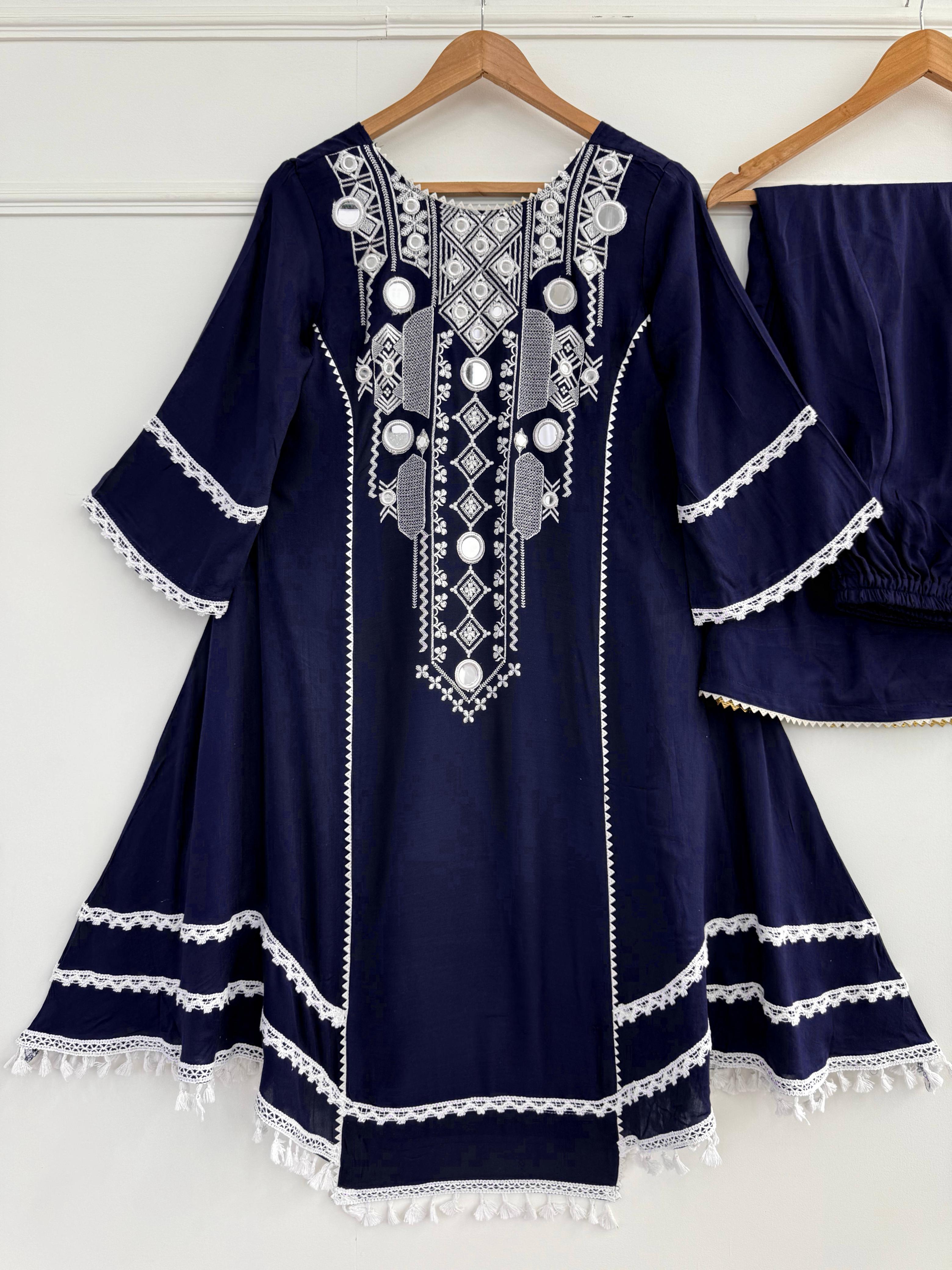 Elegant Rayon Kurti Set with Mirror & Lace Detailing