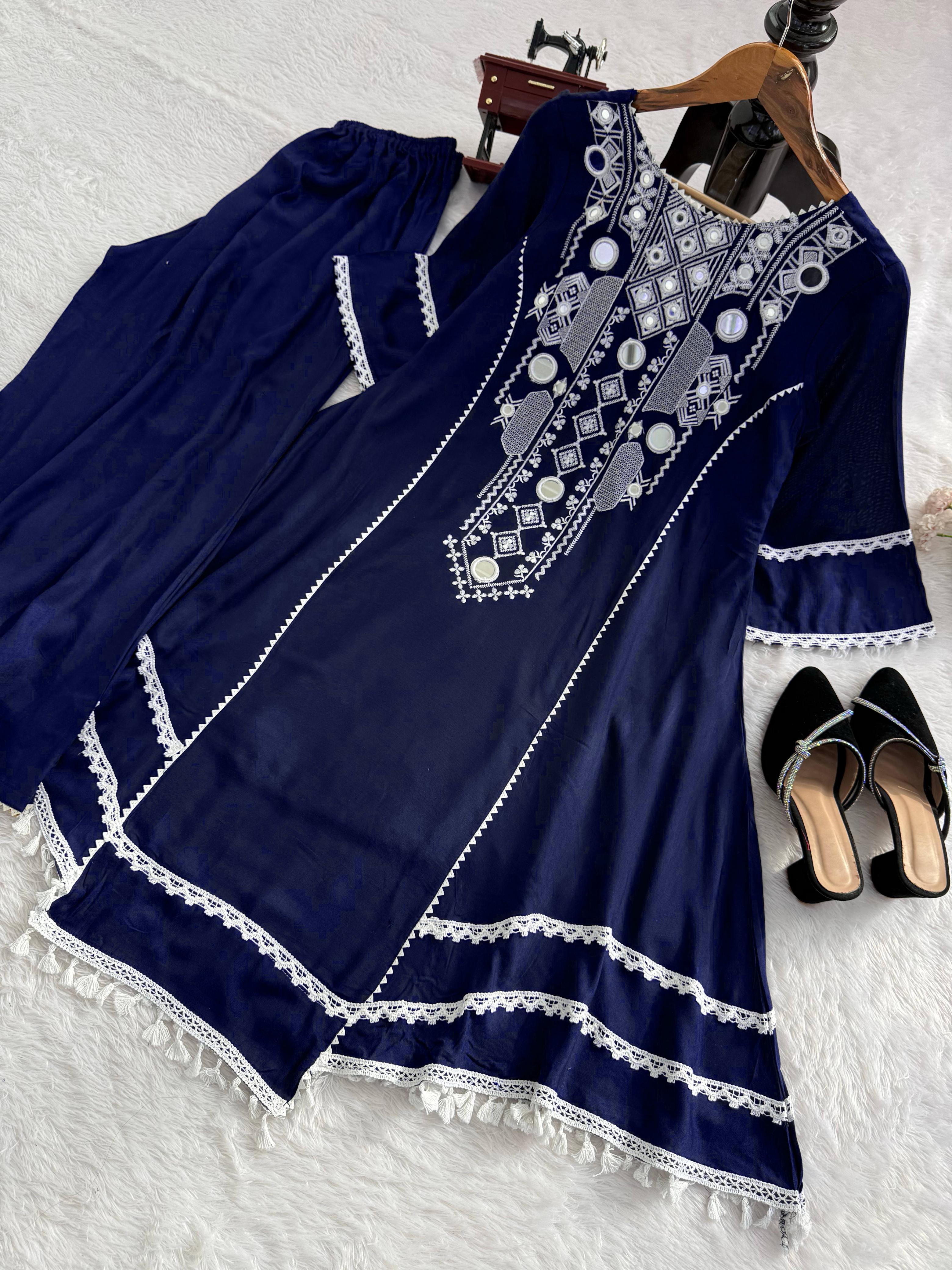 Elegant Rayon Kurti Set with Mirror & Lace Detailing