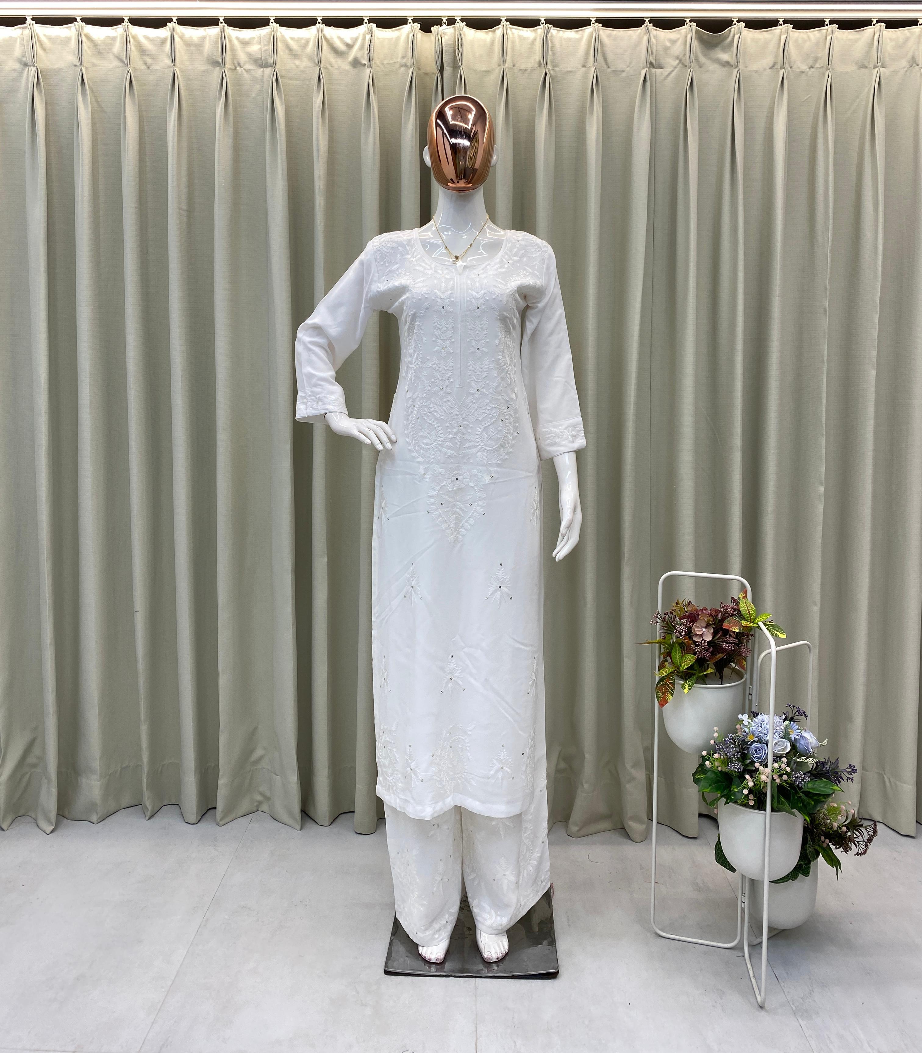 Elegant Chikan Embroidery Kurti Set with Palazzo