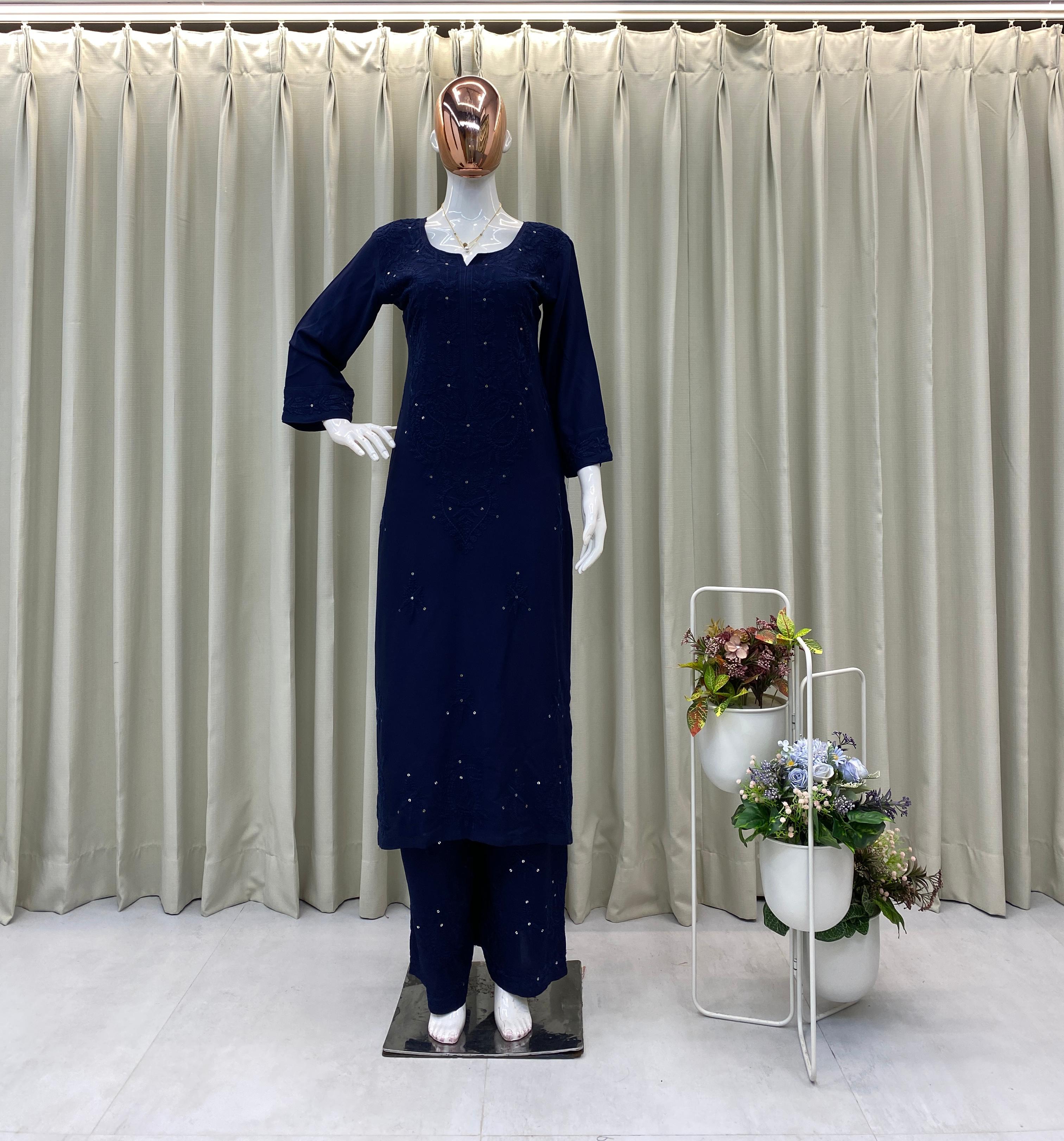 Elegant Chikan Embroidery Kurti Set with Palazzo