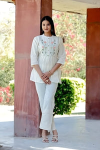 Cotton chikankari embroidered top with pants court set
