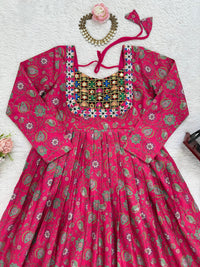 Elegant Fuchsia Pink Mirror Work Anarkali Gown with Intricate Embroidery