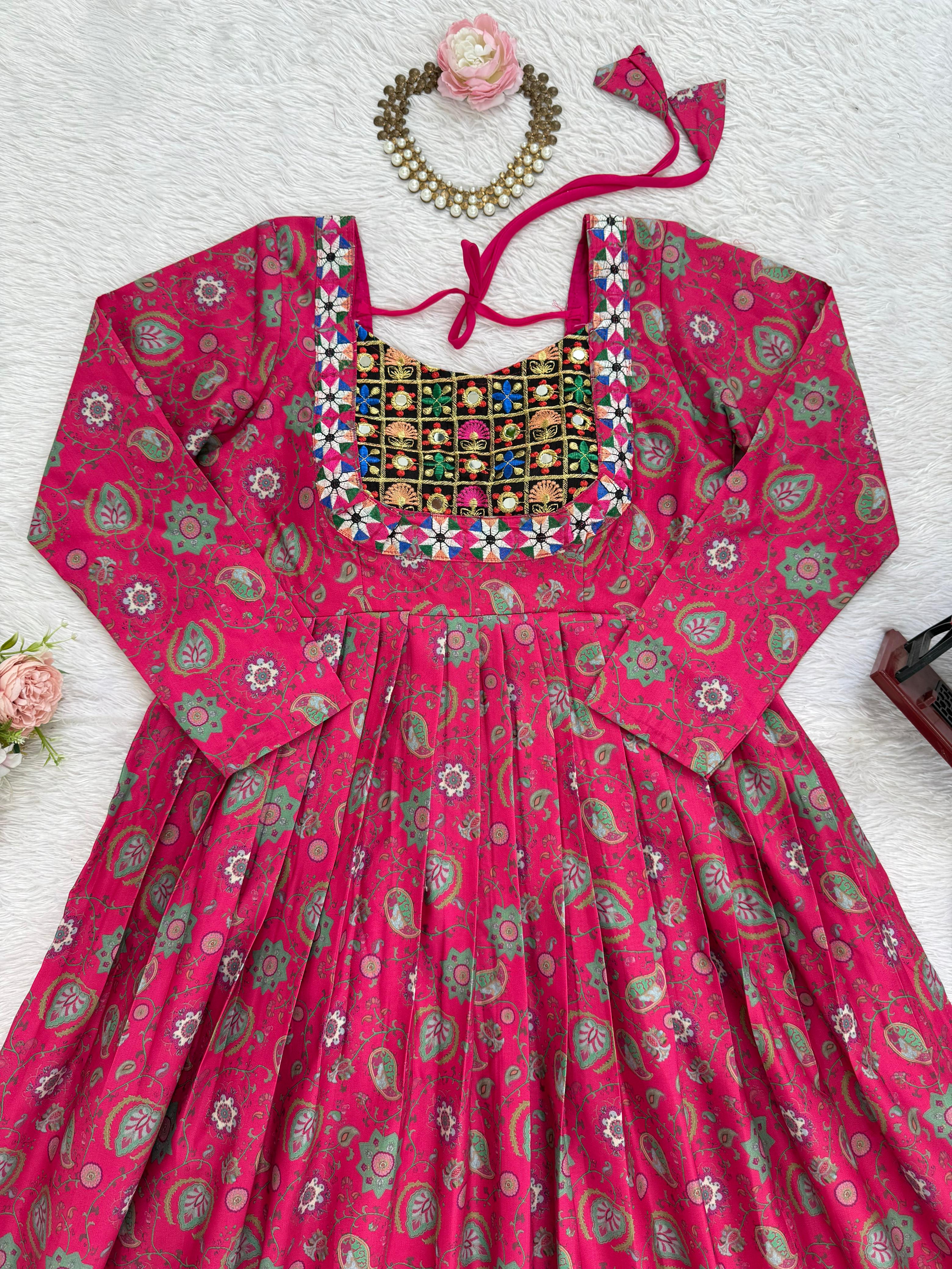 Elegant Fuchsia Pink Mirror Work Anarkali Gown with Intricate Embroidery