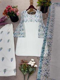 Ivory White Floral Embroidered Kurta Set with Organza Dupatta