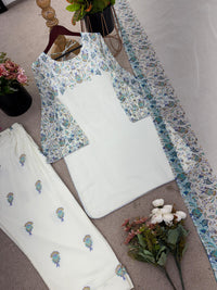 Ivory White Floral Embroidered Kurta Set with Organza Dupatta