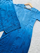 CHIKANKARI OFFICIAL 34 / blue Handcrafted Chikan Rayon kurti with plazo Combo