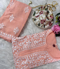 Chikankari Official  36 / peach Santoshi Special Chikan Daman Co ord Set