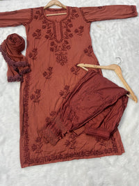 Chikankari Official 38 / brown Afghani Dobby Cotton Set 3pc