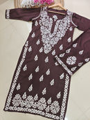 Chikankari Official  38 / brown Rayon Co ord Chikankari Set Flowers Embroidered
