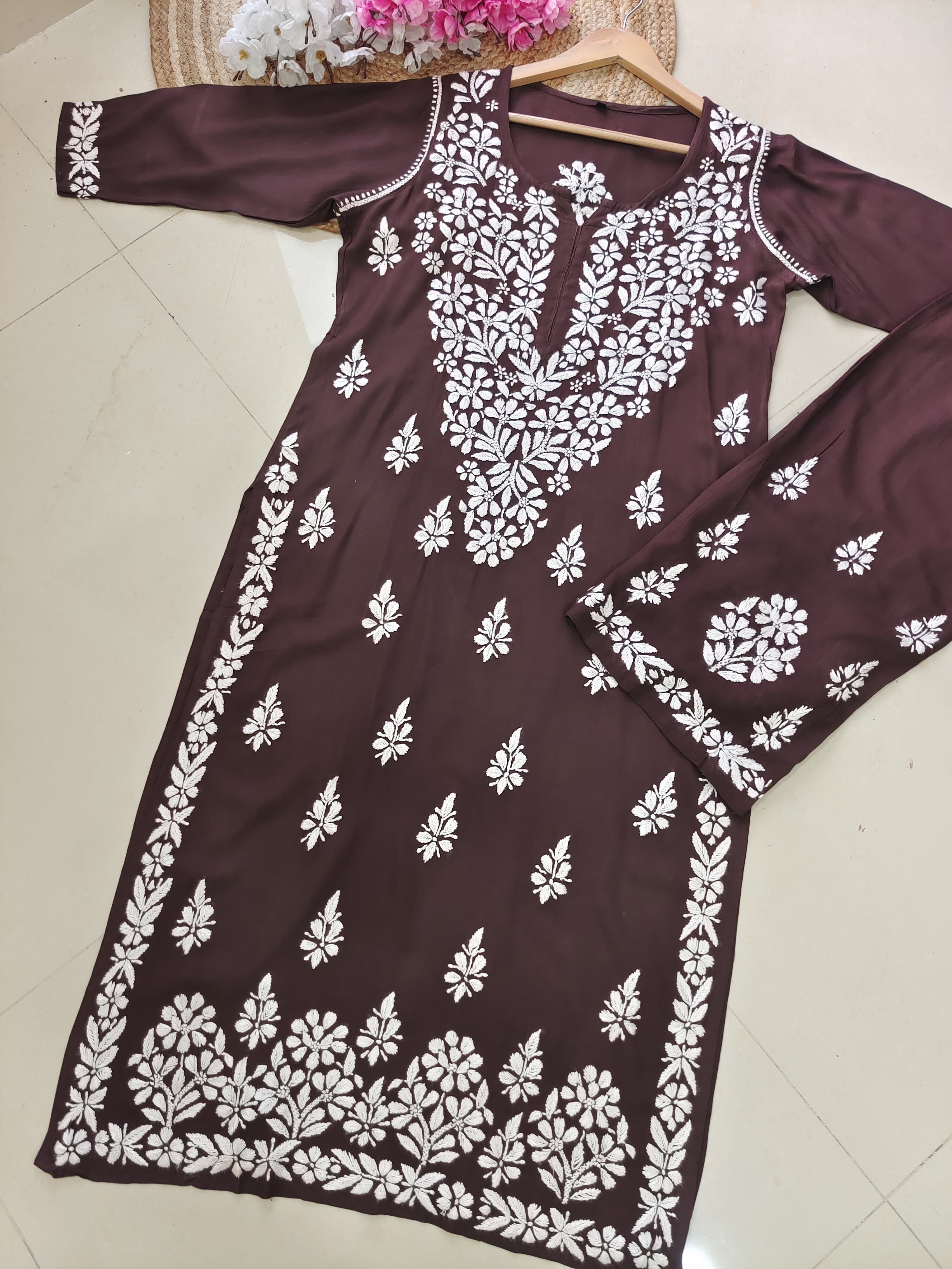 Chikankari Official  38 / brown Rayon Co ord Chikankari Set Flowers Embroidered