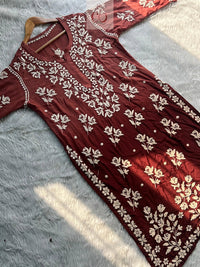 Chikankari Official 38 / Dark Mauve Luxe Muslin Adorned 3D