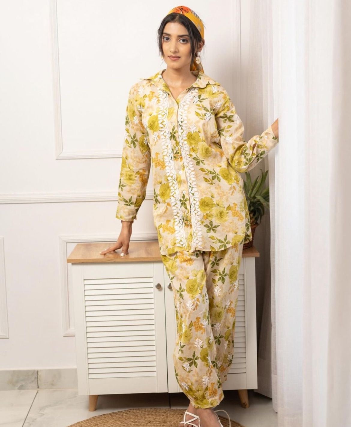 Chikankari Official Beautiful Printed co-ord Designer Sleves Santoshi Special