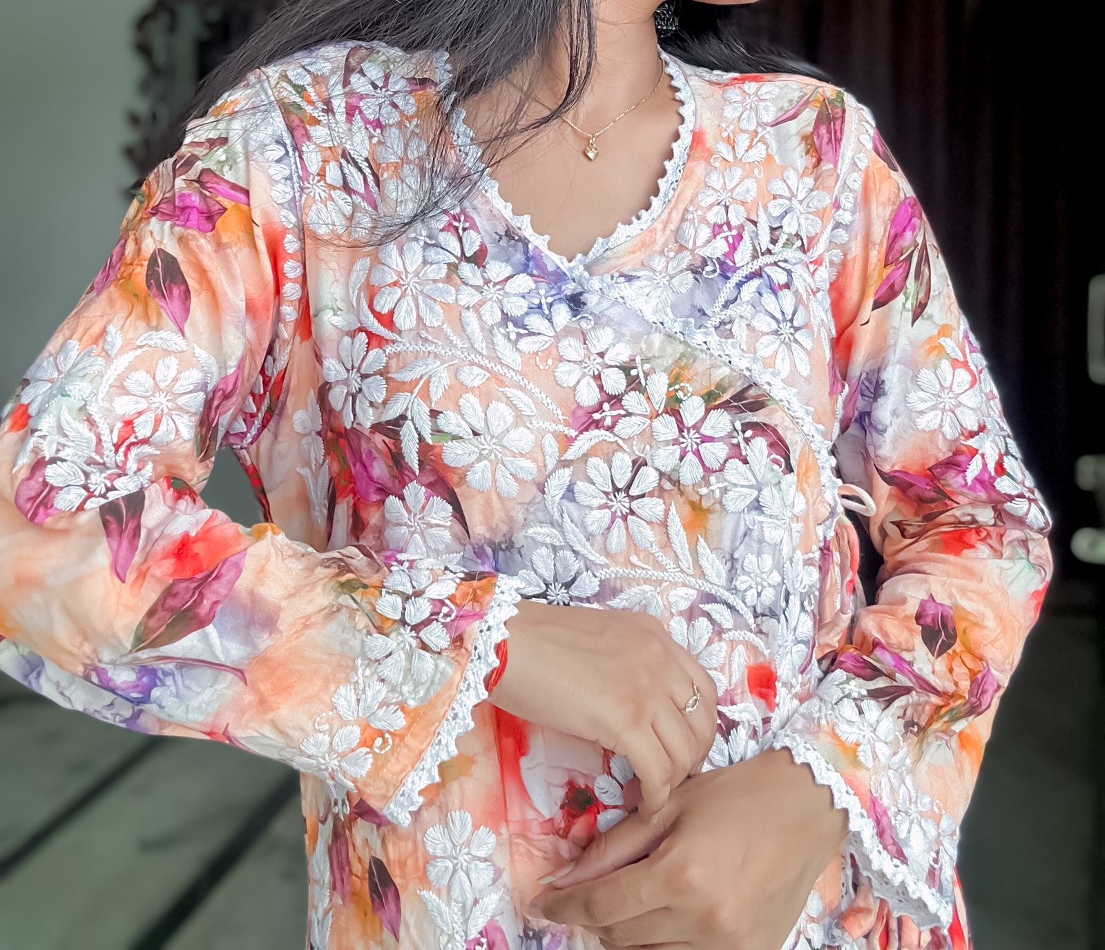 Chikankari Official Soft Digital Print Rayon Side Dori Angrakha
