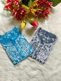 chikankariofficial 38 / blue Buy 1 Get 1 Free Lightweight Mul Chikan kurtis