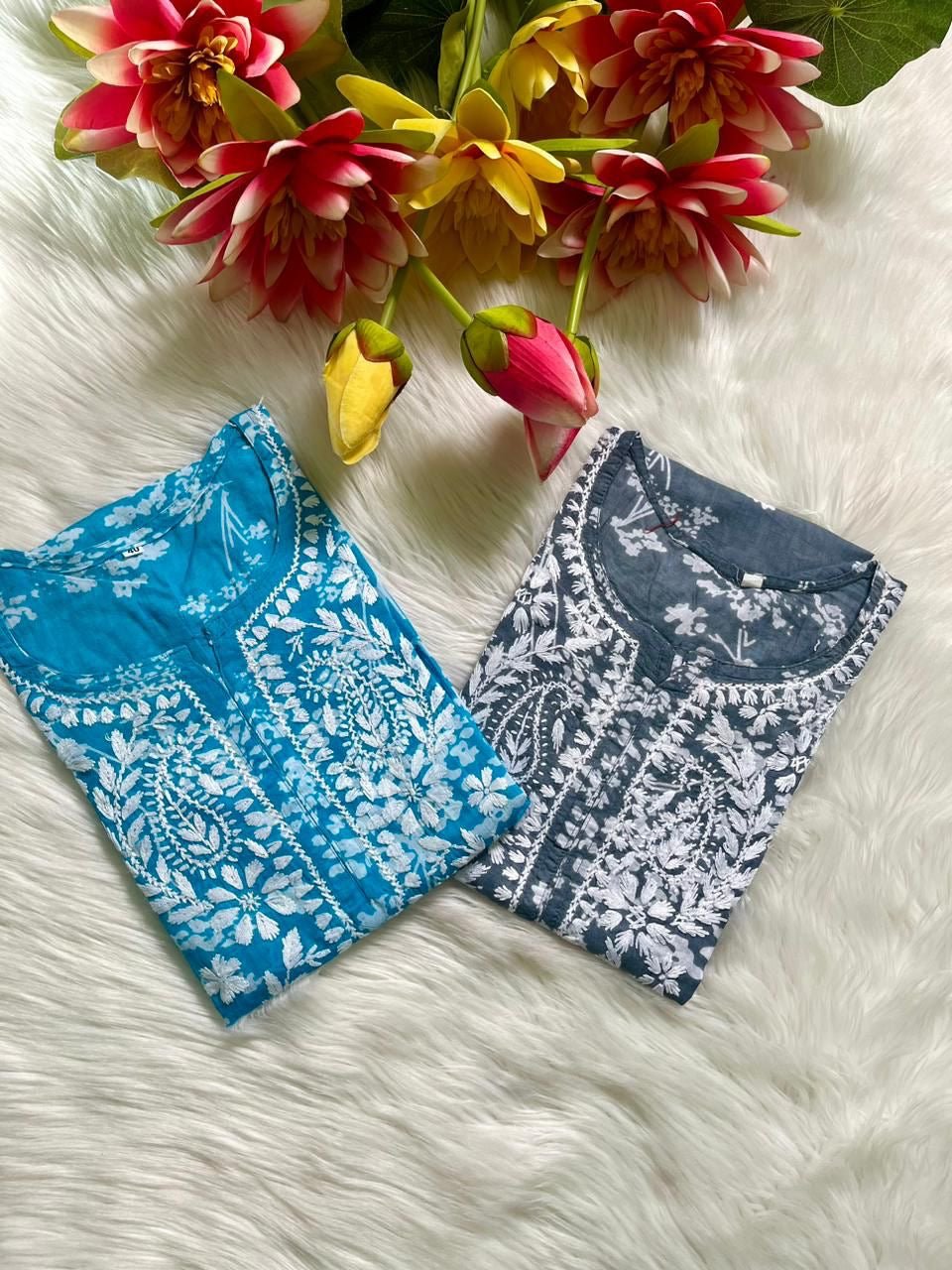 chikankariofficial 38 / blue Buy 1 Get 1 Free Lightweight Mul Chikan kurtis