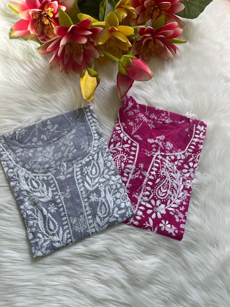 chikankariofficial 38 / grey Buy 1 Get 1 Free Lightweight Mul Chikan kurtis