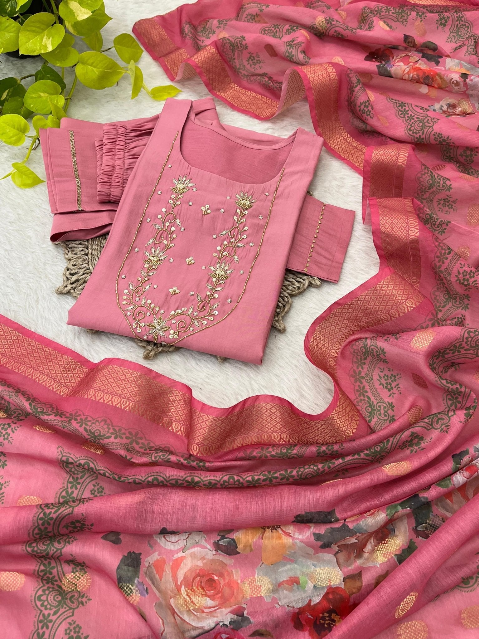 Designed Kurti Pant Dupatta in Roman Soft silk touch