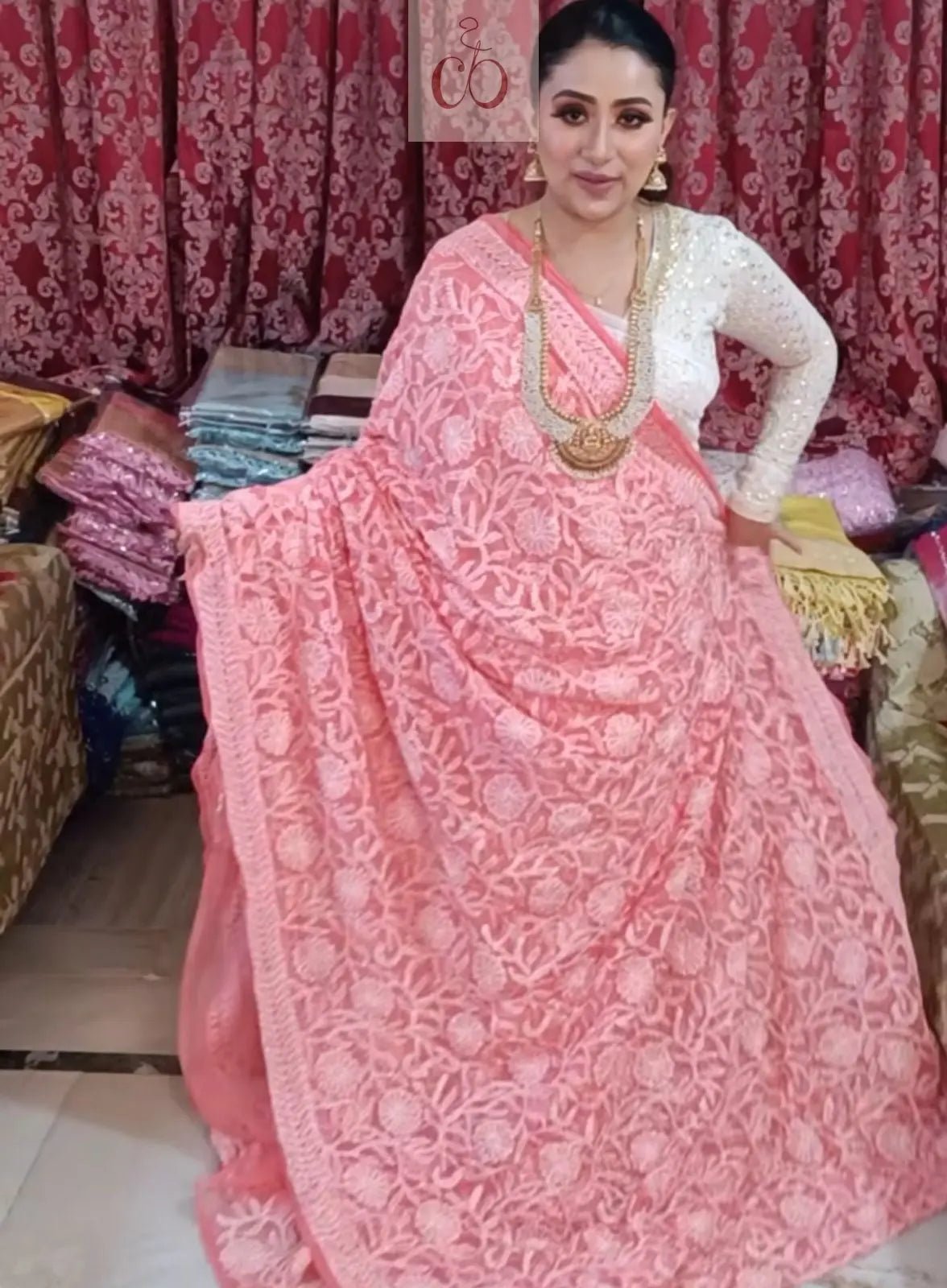 Full Jaal Georgette Saree All over Work Finest Finishing With Blouse - chikankariofficial