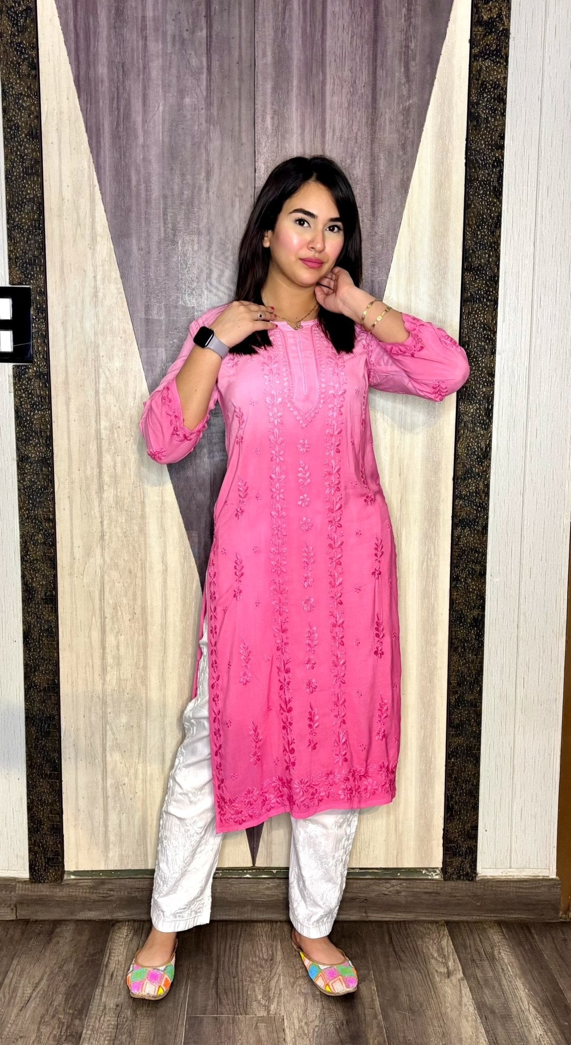 Ghass Patti Chhadi Hand Work Dual Shades Kurti & Lycra Stechble Pant - chikankariofficial