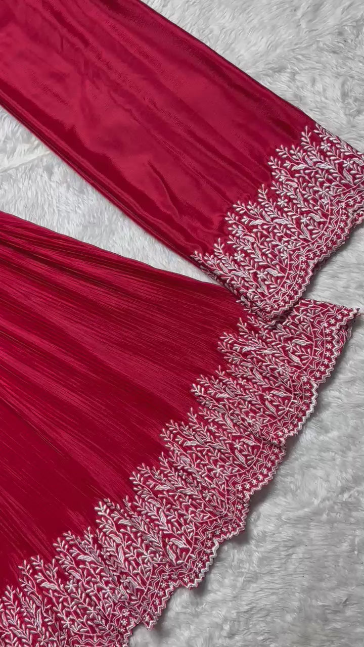 Red Aliya Cut Gown with Plazzo & Dupatta