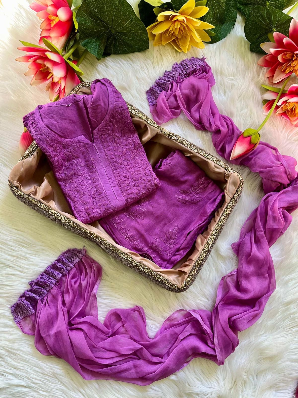 Rayon dyed Soft touch Handwork Kurti sets 3pc - chikankariofficial